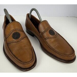A. Testoni Italian Leather Bologna Crest Logo Mens Loafers Brown Sz 7.5